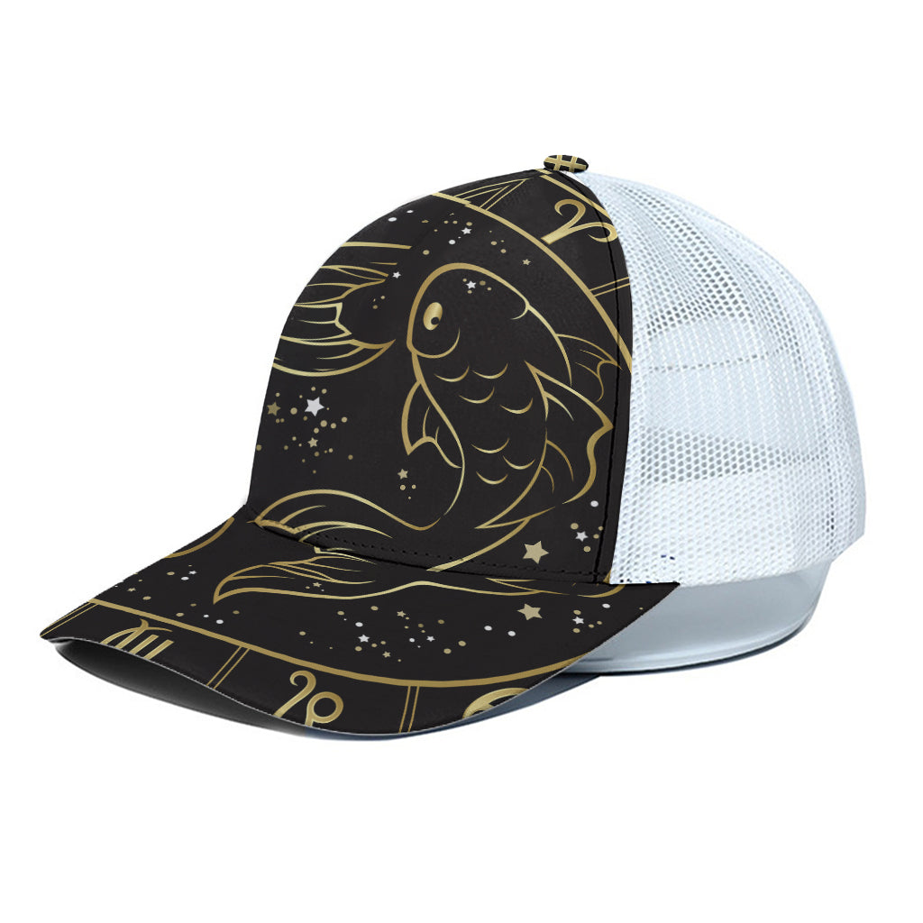 Gold And Black Pisces Sign Print White Mesh Trucker Cap