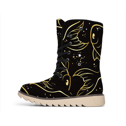 Gold And Black Pisces Sign Print Winter Boots
