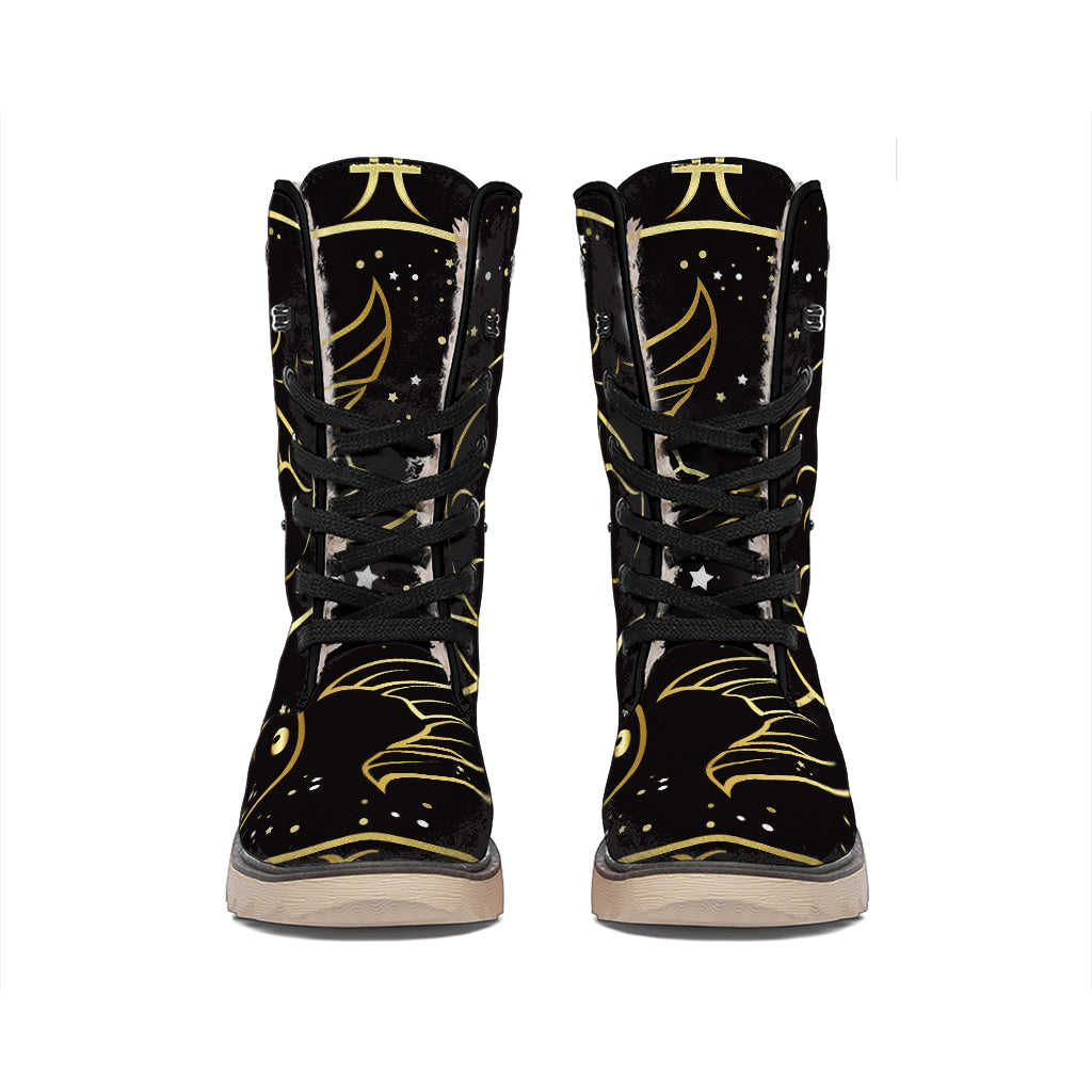 Gold And Black Pisces Sign Print Winter Boots