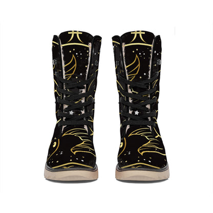 Gold And Black Pisces Sign Print Winter Boots