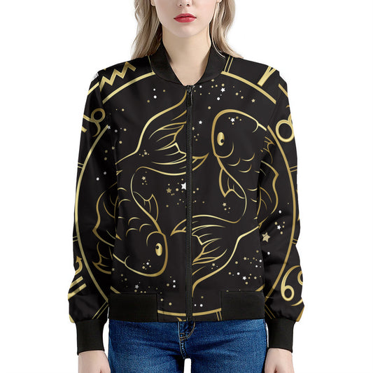 Gold And Black Pisces Sign Print Women's Bomber Jacket