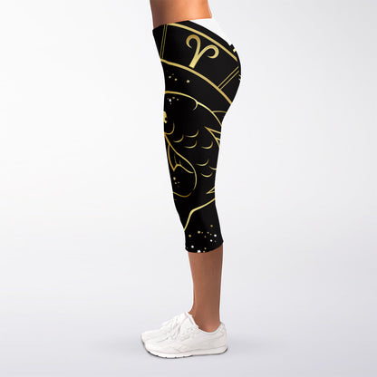 Gold And Black Pisces Sign Print Women's Capri Leggings