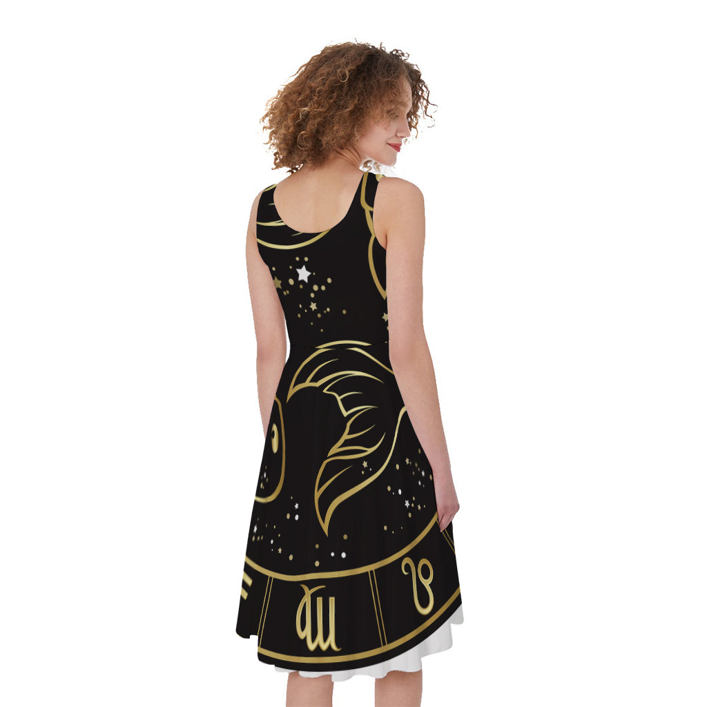 Gold And Black Pisces Sign Print Women's Sleeveless Dress