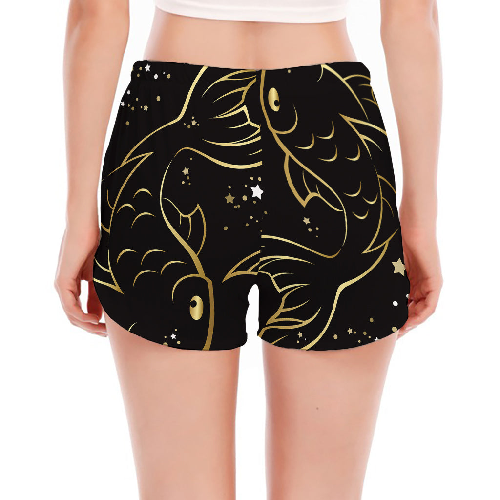 Gold And Black Pisces Sign Print Women's Split Running Shorts