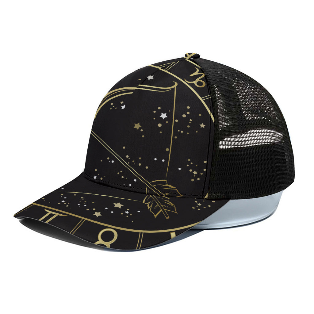 Gold And Black Sagittarius Sign Print Black Mesh Trucker Cap
