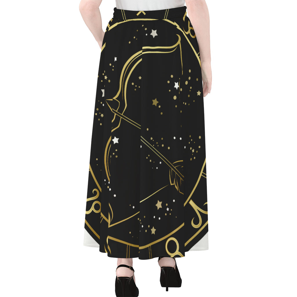 Gold And Black Sagittarius Sign Print Chiffon Maxi Skirt