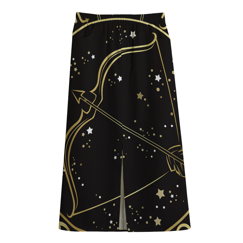 Gold And Black Sagittarius Sign Print Cotton Front Slit Maxi Skirt