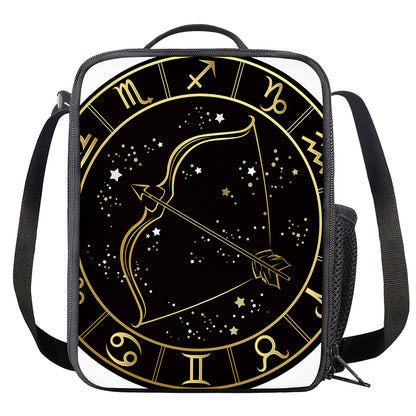 Gold And Black Sagittarius Sign Print Crossbody Lunch Bag