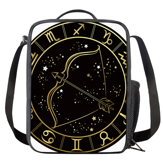 Gold And Black Sagittarius Sign Print Crossbody Lunch Bag
