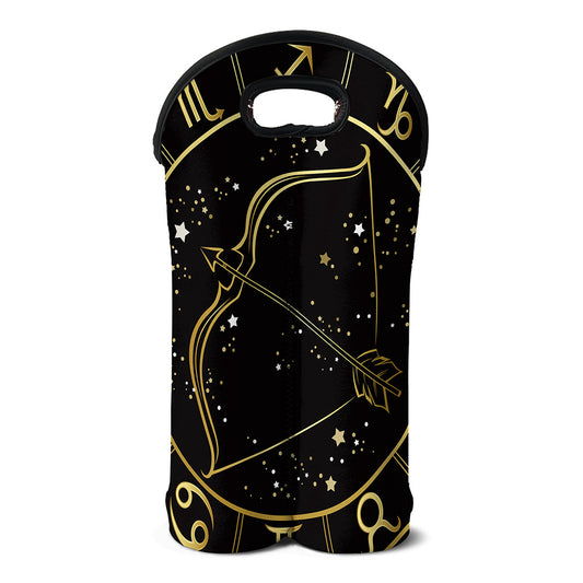 Gold And Black Sagittarius Sign Print Double Neoprene Wine Tote