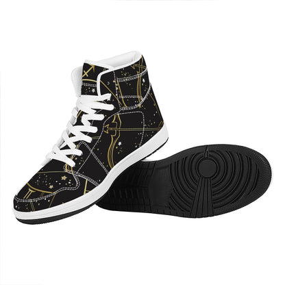 Gold And Black Sagittarius Sign Print High Top Leather Sneakers