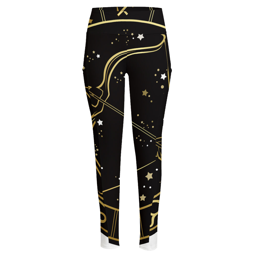 Gold And Black Sagittarius Sign Print High-Waisted Pocket Leggings