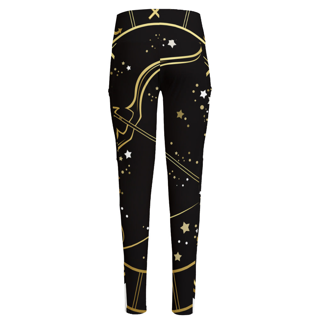 Gold And Black Sagittarius Sign Print High-Waisted Pocket Leggings