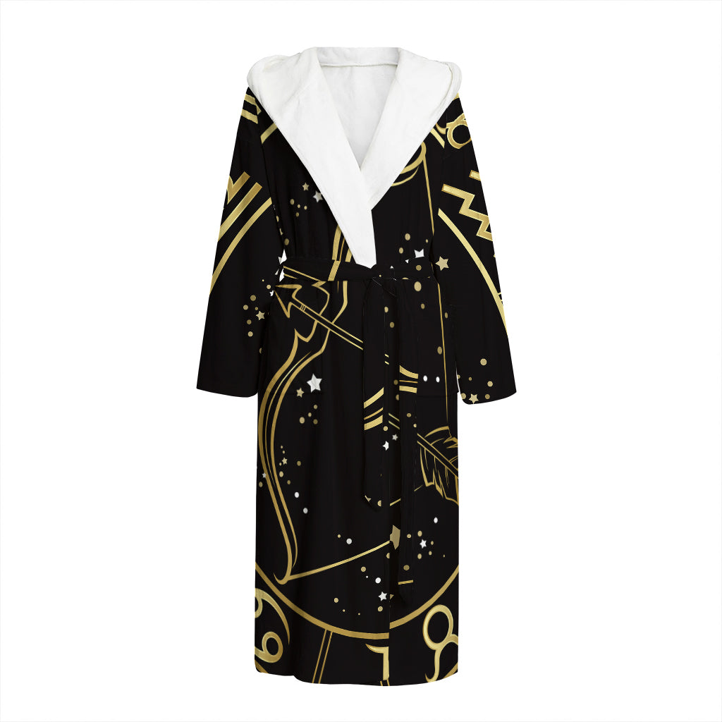 Gold And Black Sagittarius Sign Print Hooded Bathrobe