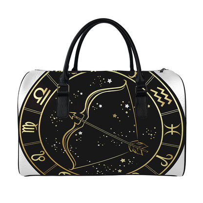 Gold And Black Sagittarius Sign Print Leather Duffle Bag