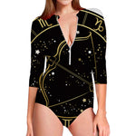 Gold And Black Sagittarius Sign Print Long Sleeve Swimsuit