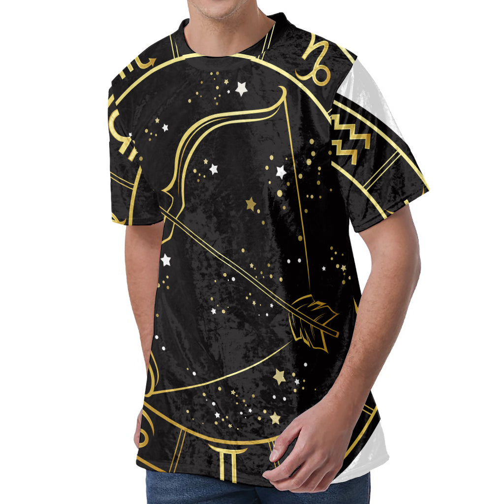 Gold And Black Sagittarius Sign Print Men's Velvet T-Shirt