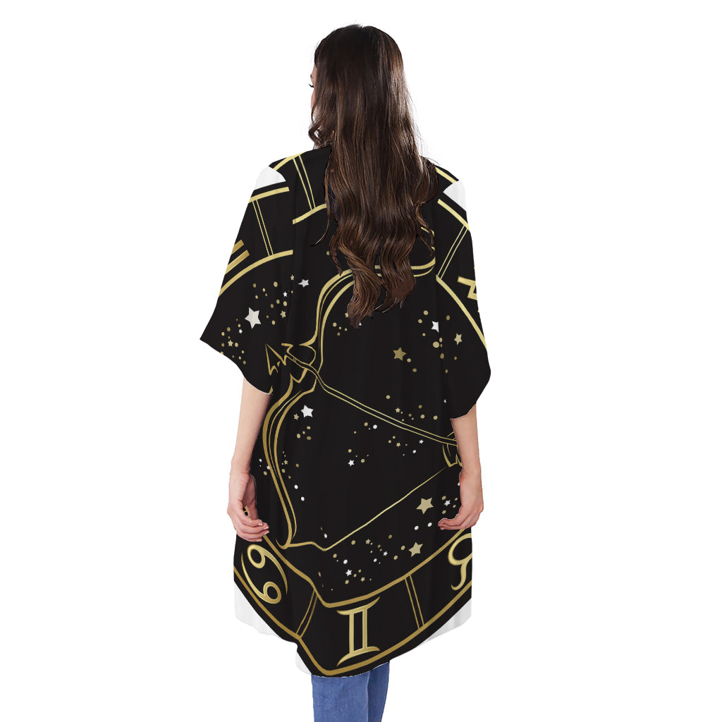 Gold And Black Sagittarius Sign Print Open Front Beach Cover Up