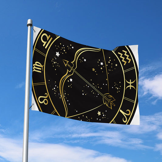 Gold And Black Sagittarius Sign Print Polyester Flag