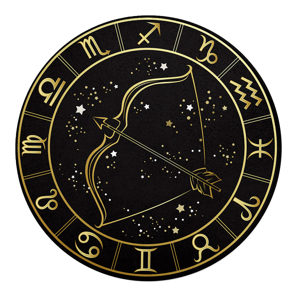 Gold And Black Sagittarius Sign Print Round Blanket