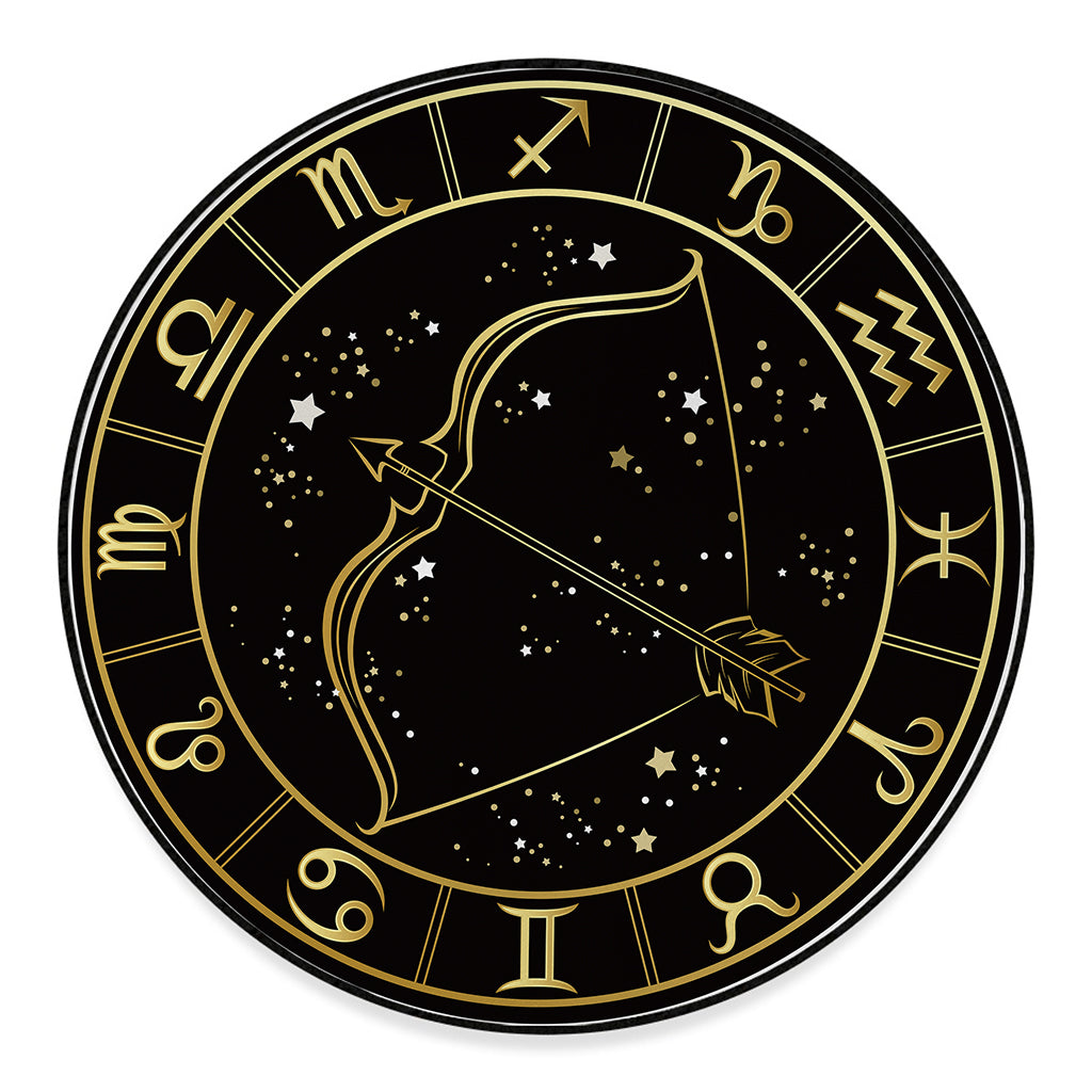 Gold And Black Sagittarius Sign Print Round Floor Mat
