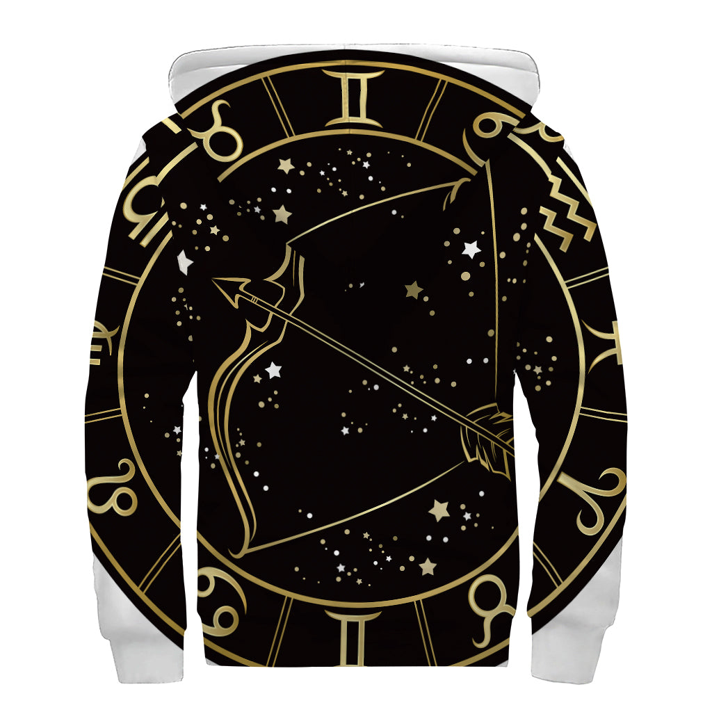 Gold And Black Sagittarius Sign Print Sherpa Lined Zip Up Hoodie