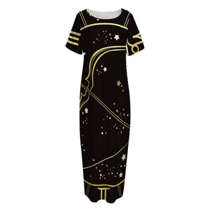 Gold And Black Sagittarius Sign Print Short Sleeve Long Nightdress