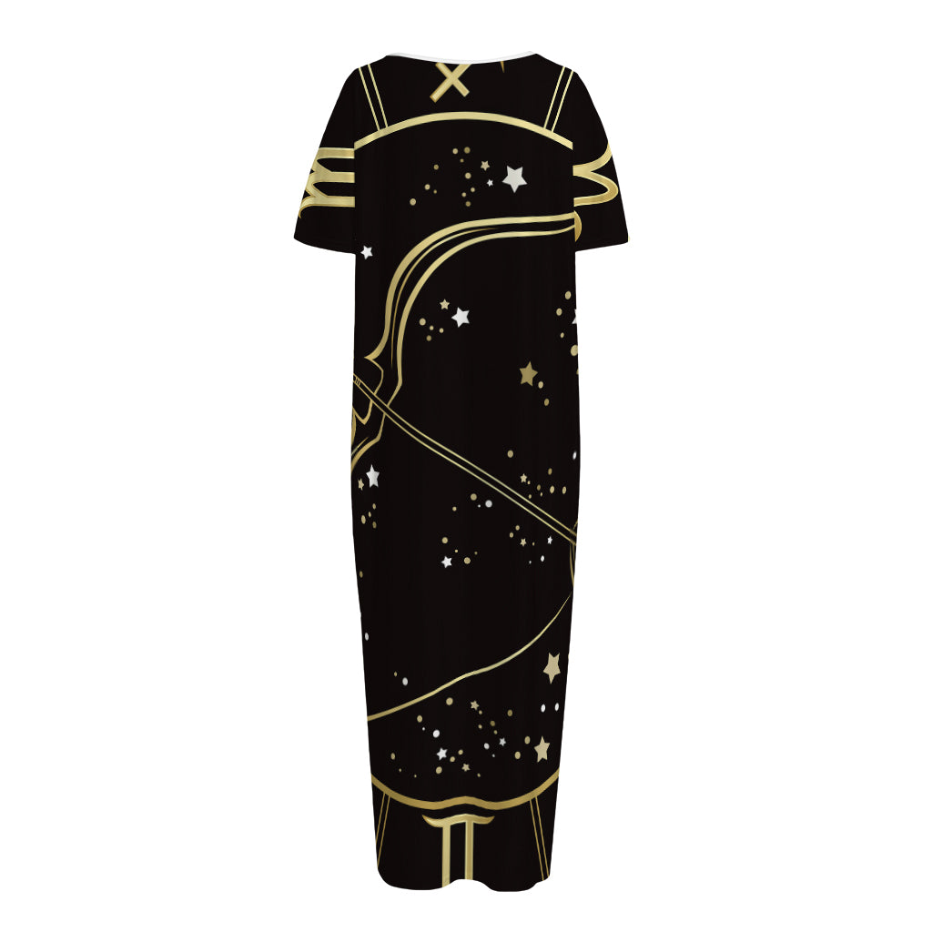 Gold And Black Sagittarius Sign Print Short Sleeve Long Nightdress