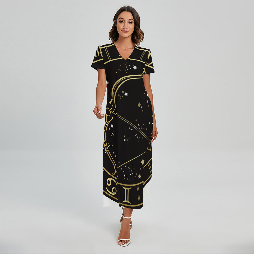 Gold And Black Sagittarius Sign Print Short Sleeve Maxi Dress