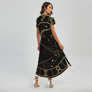 Gold And Black Sagittarius Sign Print Short Sleeve Maxi Dress