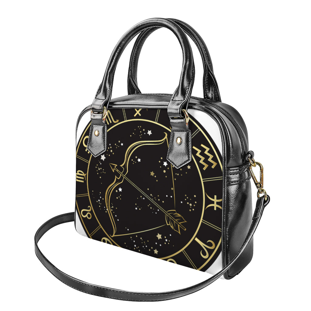 Gold And Black Sagittarius Sign Print Shoulder Handbag