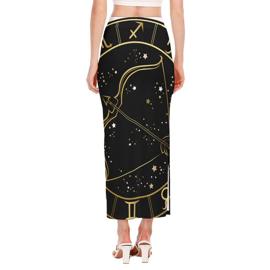 Gold And Black Sagittarius Sign Print Side Slit Maxi Skirt