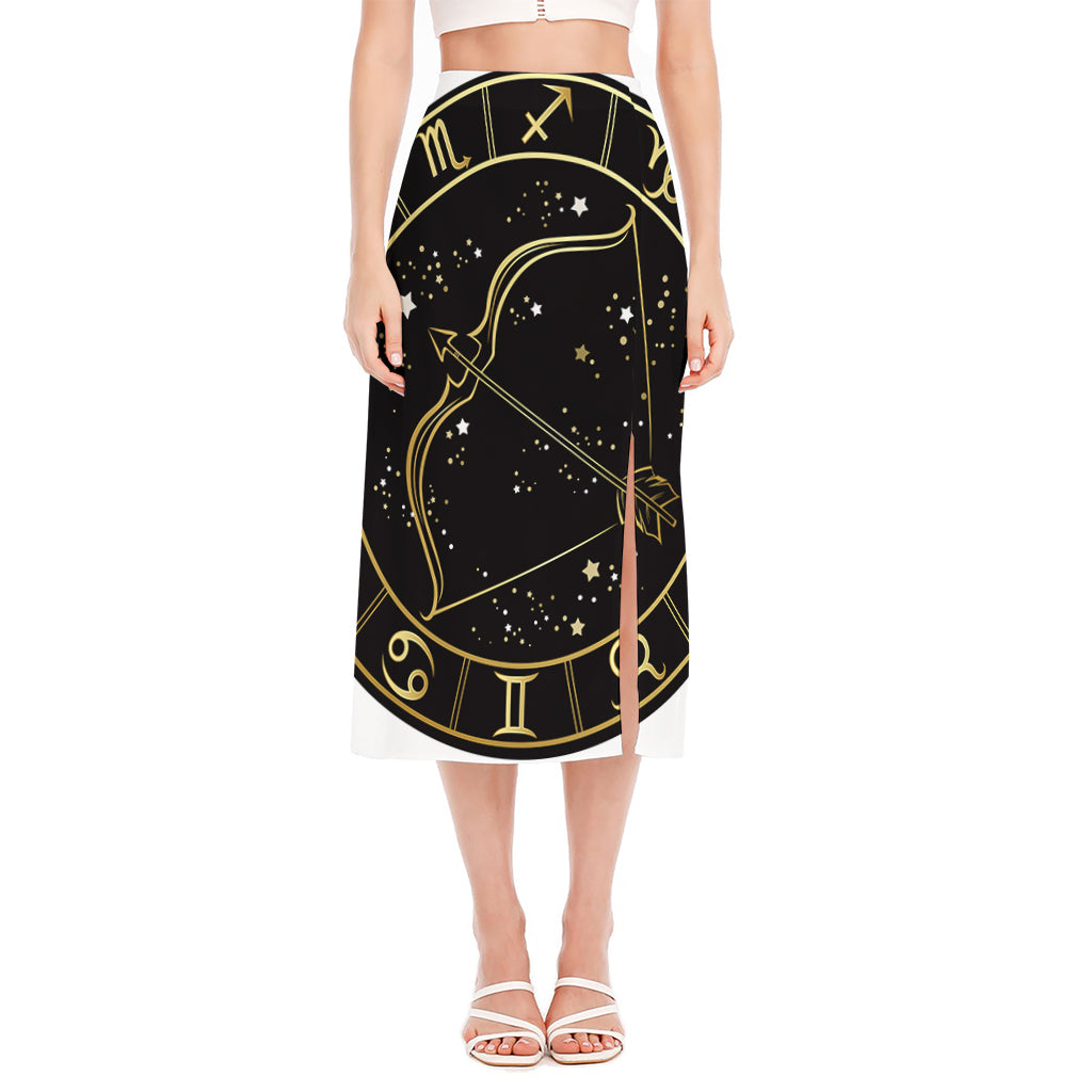 Gold And Black Sagittarius Sign Print Side Slit Midi Skirt