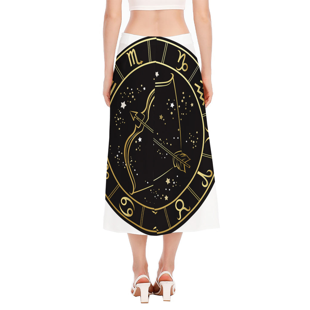 Gold And Black Sagittarius Sign Print Side Slit Midi Skirt