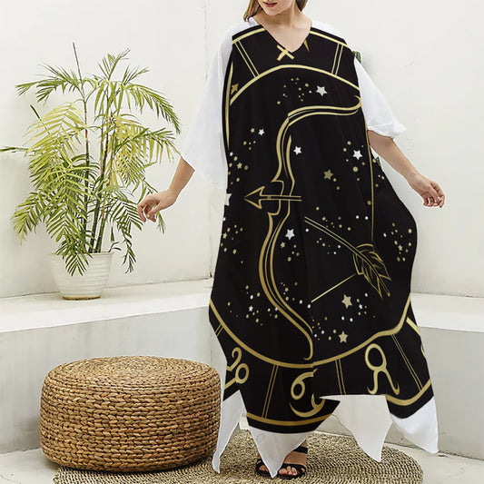Gold And Black Sagittarius Sign Print Silk V-Neck Kaftan Dress
