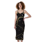 Gold And Black Sagittarius Sign Print Slim Fit Midi Cami Dress