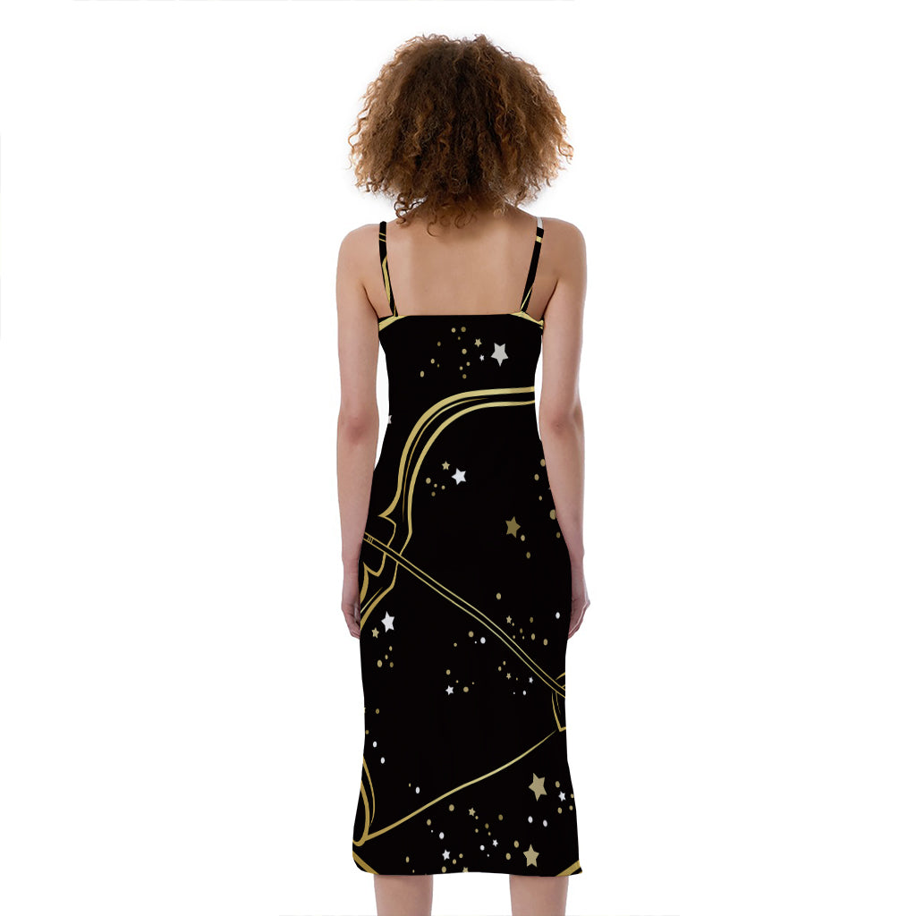 Gold And Black Sagittarius Sign Print Slim Fit Midi Cami Dress