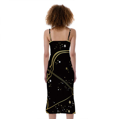 Gold And Black Sagittarius Sign Print Slim Fit Midi Cami Dress