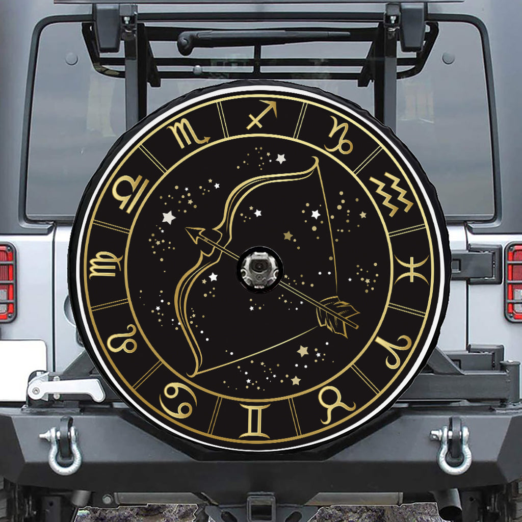 Gold And Black Sagittarius Sign Print Tire Cover With Camera Hole