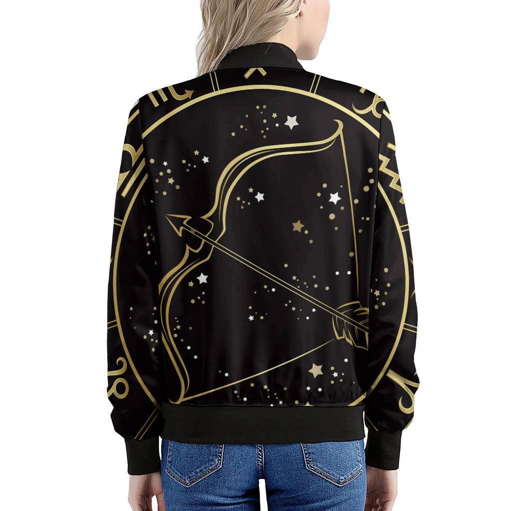 Gold And Black Sagittarius Sign Print Women's Bomber Jacket