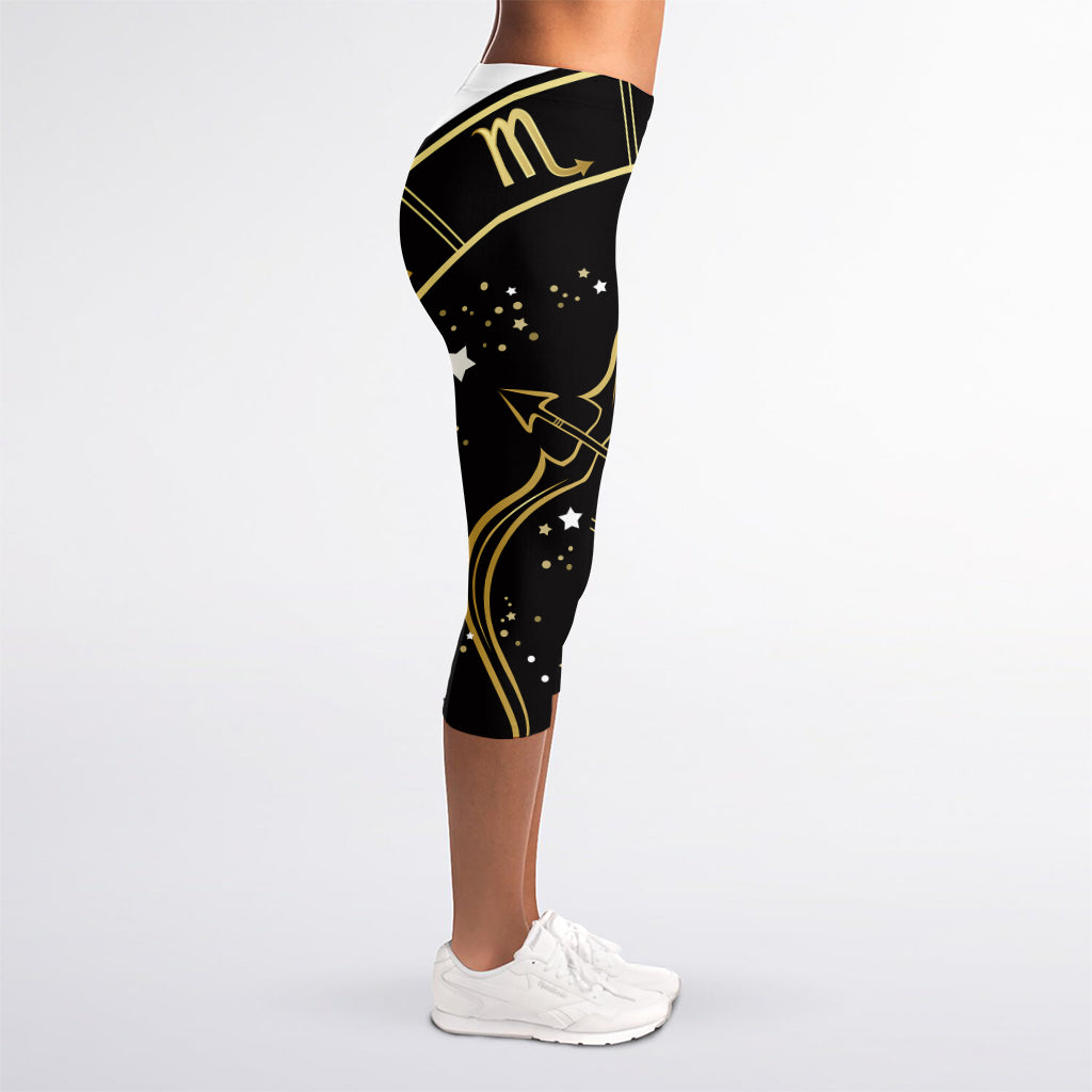 Gold And Black Sagittarius Sign Print Women's Capri Leggings