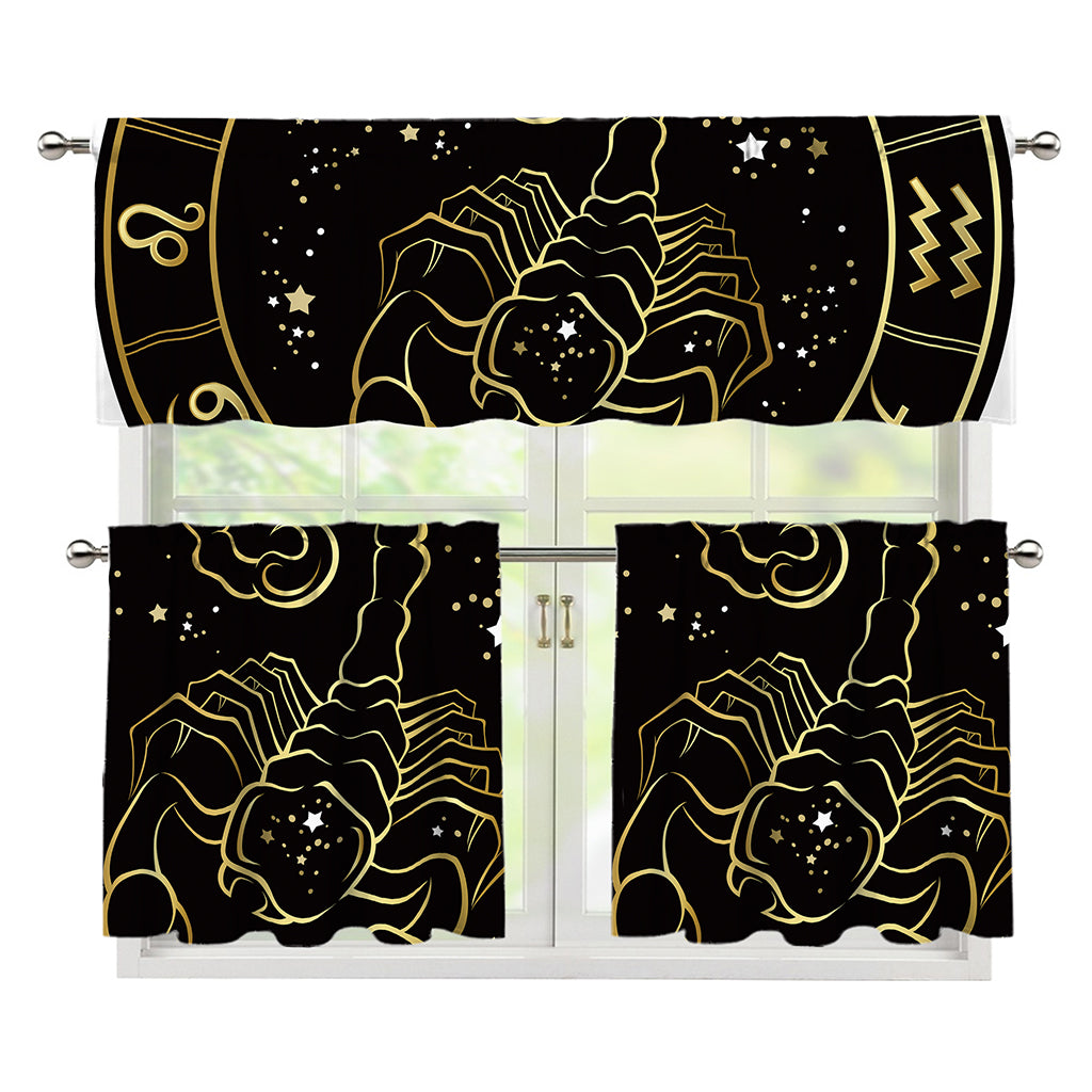 Gold And Black Scorpio Sign Print 3 Piece Kitchen Curtains
