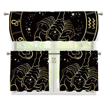 Gold And Black Scorpio Sign Print 3 Piece Kitchen Curtains