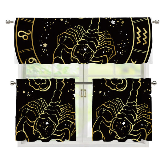 Gold And Black Scorpio Sign Print 3 Piece Kitchen Curtains