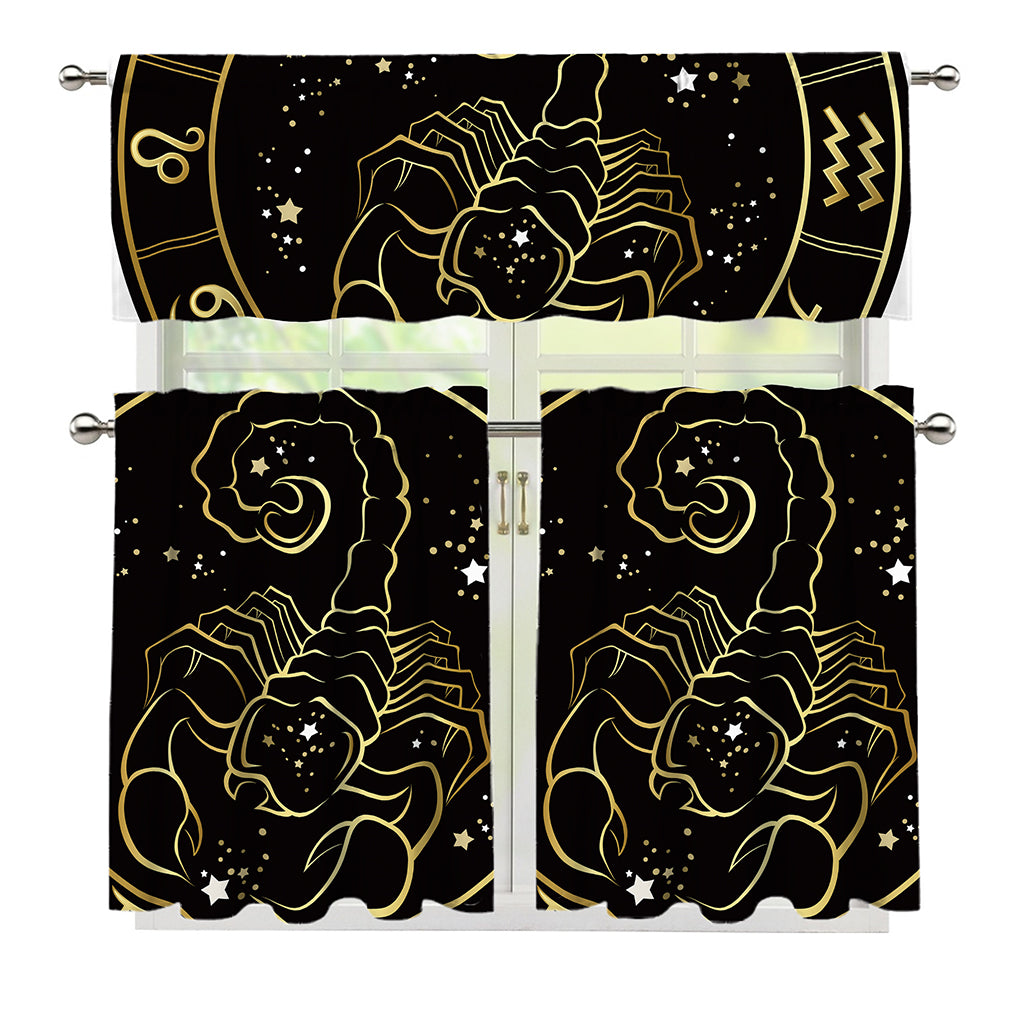 Gold And Black Scorpio Sign Print 3 Piece Kitchen Curtains