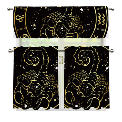 Gold And Black Scorpio Sign Print 3 Piece Kitchen Curtains