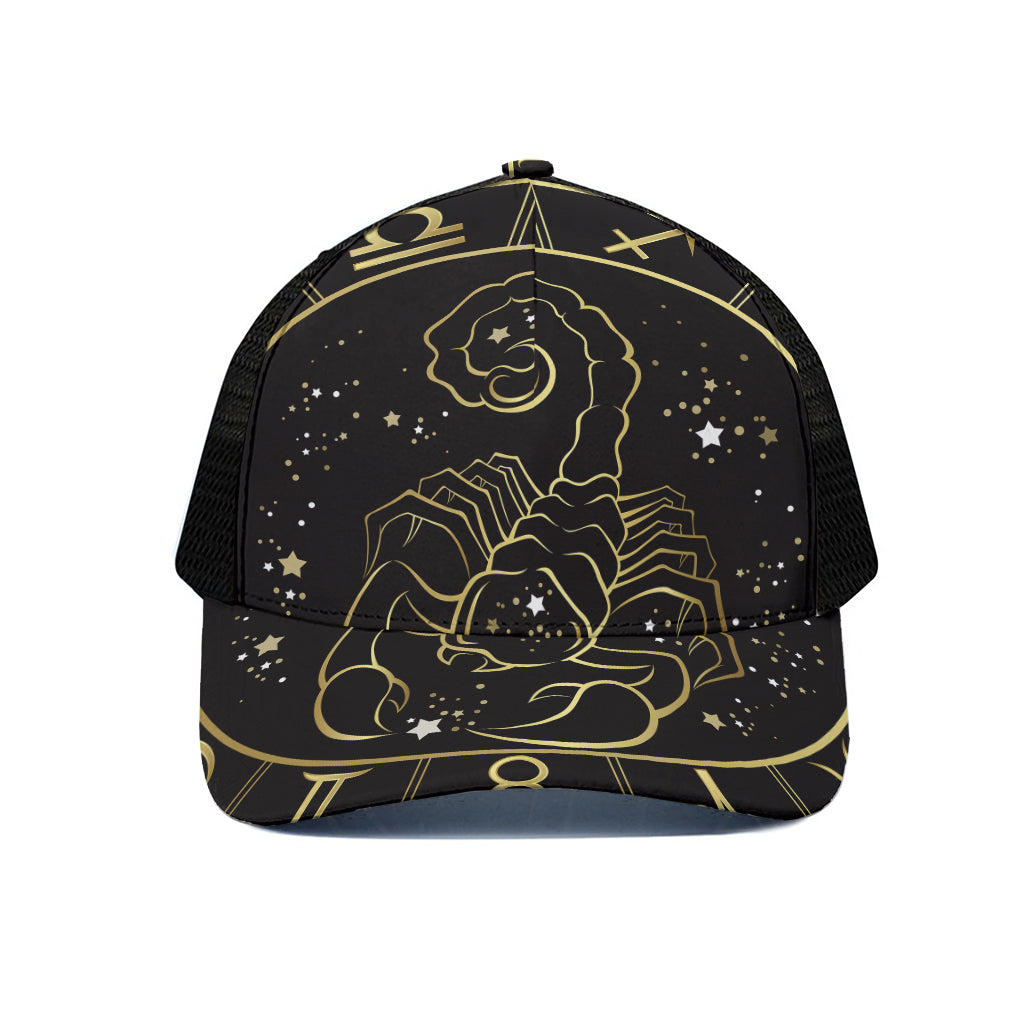 Gold And Black Scorpio Sign Print Black Mesh Trucker Cap