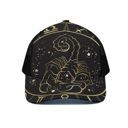 Gold And Black Scorpio Sign Print Black Mesh Trucker Cap