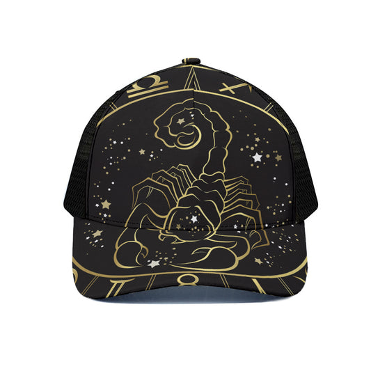 Gold And Black Scorpio Sign Print Black Mesh Trucker Cap