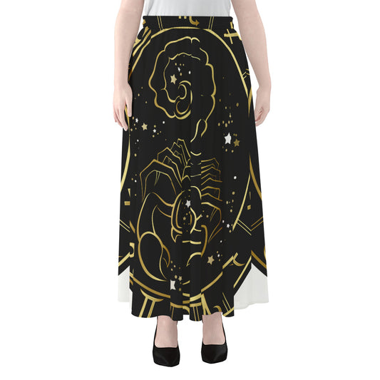 Gold And Black Scorpio Sign Print Chiffon Maxi Skirt